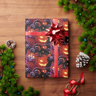 Papel De Regalo Gato místico y calabazas brillantes