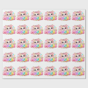Papel De Regalo Gato Mochi Kawaii Lindo Nombre Rosa Pastel Brillan