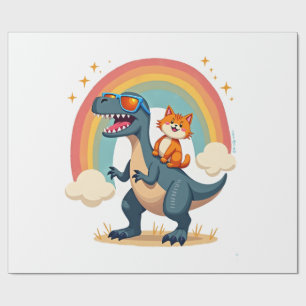 Papel De Regalo Gato montando dinosaurio T-Rex gatito arcoíris Din
