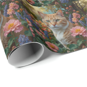 Papel De Regalo Gato naranja blanco bonito en jardín floral