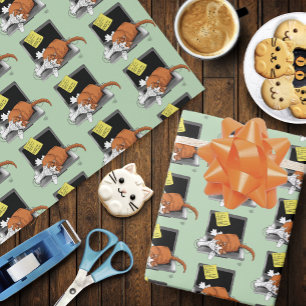 Papel De Regalo Gato Naranja Divertido Portátil Verde Trabajo Hoga