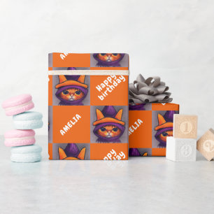 Papel De Regalo Gato Naranja Feliz Cumpleaños Niños Cumpleaños