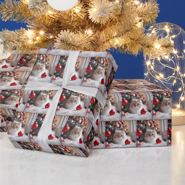 Papel De Regalo Gato navidad con ornamento rojo (Vacaciones)