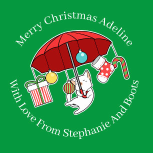 Papel De Regalo Gato navidad Con Paraguas Rojo En Verde