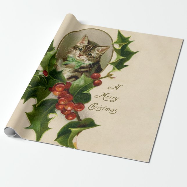 Papel De Regalo Gato Navidades Merry Holly Kitten Arte Antiguo (Desenrollado)