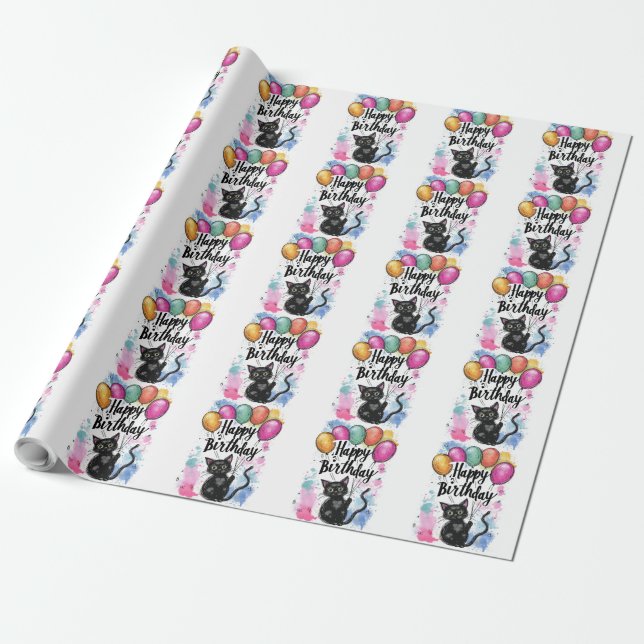 Papel De Regalo Gato negro con globos (Desenrollado)