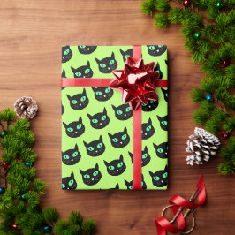 Papel De Regalo Gato negro con ojos verdes en verde lima clara