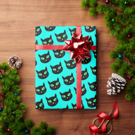 Papel De Regalo Gato negro con ojos verdes sobre azul turquesa