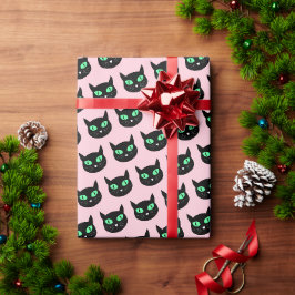 Papel De Regalo Gato negro con ojos verdes sobre rosa pastel