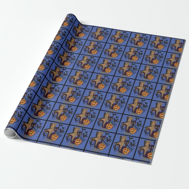 Papel De Regalo Gato negro de lápida golpea Halloween (Desenrollado)