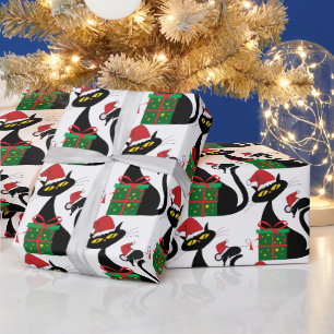Papel De Regalo Gato negro de Navidad con ratón y sombrero