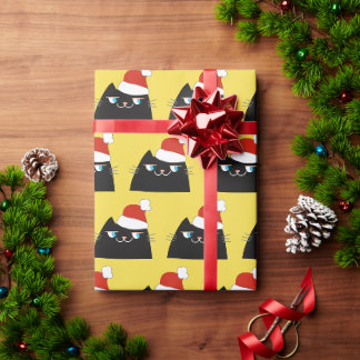 Papel De Regalo Gato Negro Divertido Santa Navidad
