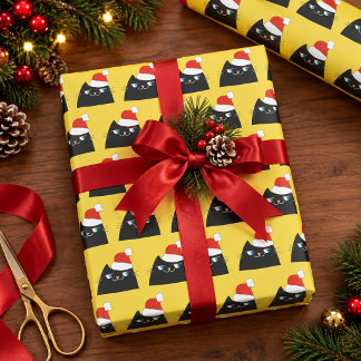 Papel De Regalo Gato Negro Divertido Santa Navidad