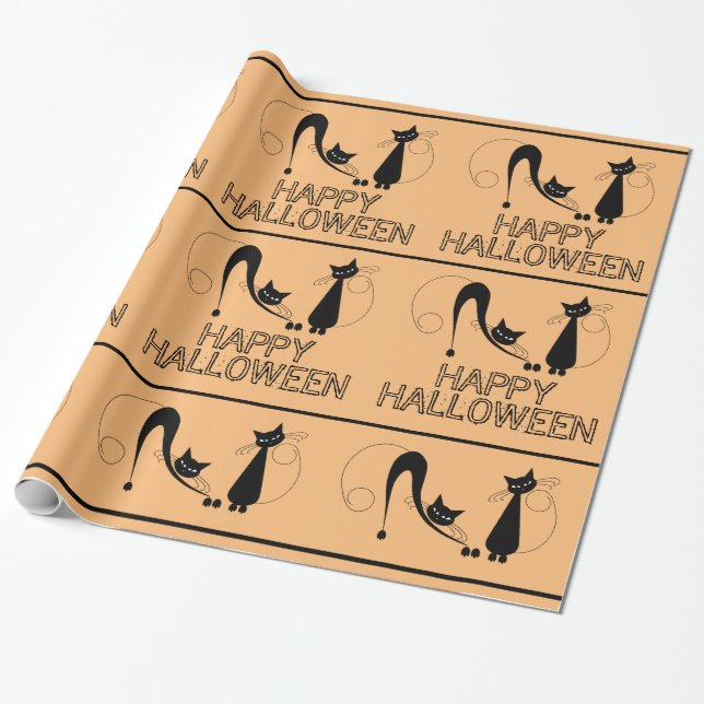 Papel De Regalo Gato negro elegante, Halloween feliz (Desenrollado)