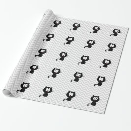 Papel De Regalo Gato negro en chevron gris