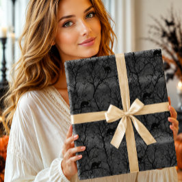 Papel De Regalo Gato Negro Espeluznante Bosque Embrujado Halloween