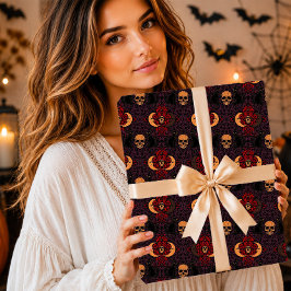 Papel De Regalo Gato Negro Gótico Calavera Luna Creciente Damás