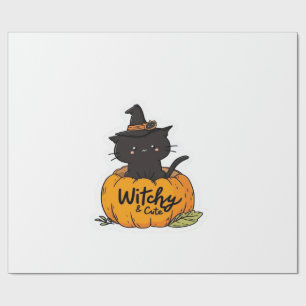 Papel De Regalo Gato negro lindo en calabaza con sombrero de bruja