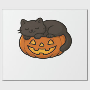 Papel De Regalo Gato negro lindo y soñoliento en una calabaza Hall