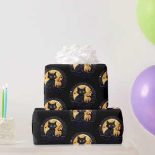 Papel De Regalo Gato Negro Luna Llena Celestial Negro Halloween