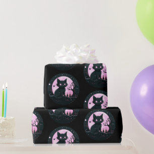 Papel De Regalo Gato Negro Luna Llena Rosa Celestial Halloween