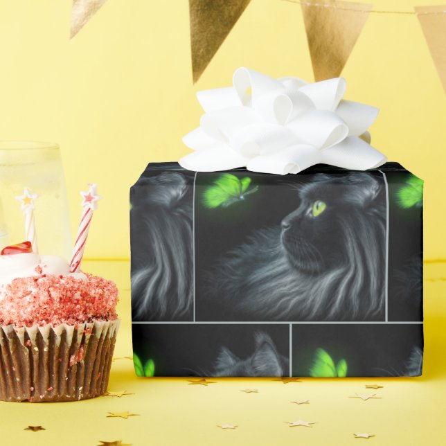 Papel De Regalo Gato negro mirando una mariposa verde brillante (Fiesta de cumpleaños )