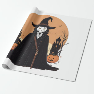 Papel De Regalo Gato negro místico salem con calabazas
