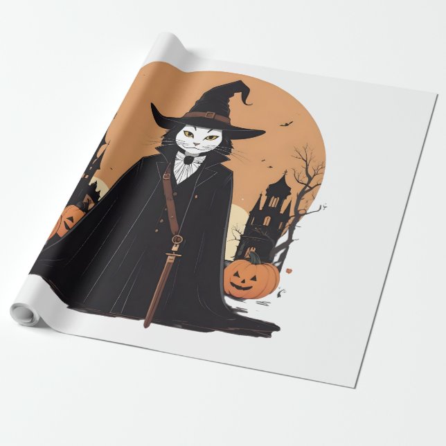 Papel De Regalo Gato negro místico salem con calabazas (Desenrollado)