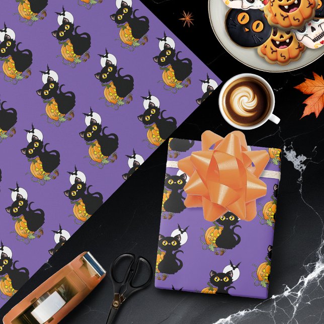 Papel De Regalo Gato negro morado de la Calabaza de Halloween (Subido por el creador)