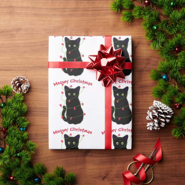 Papel De Regalo Gato negro | Navidades Meowy | luces de trineo (Regalo de vacaciones)