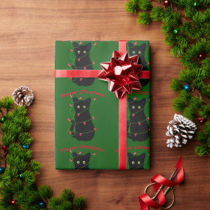 Papel De Regalo Gato negro   Navidades Meowy   luces de trineo Wra
