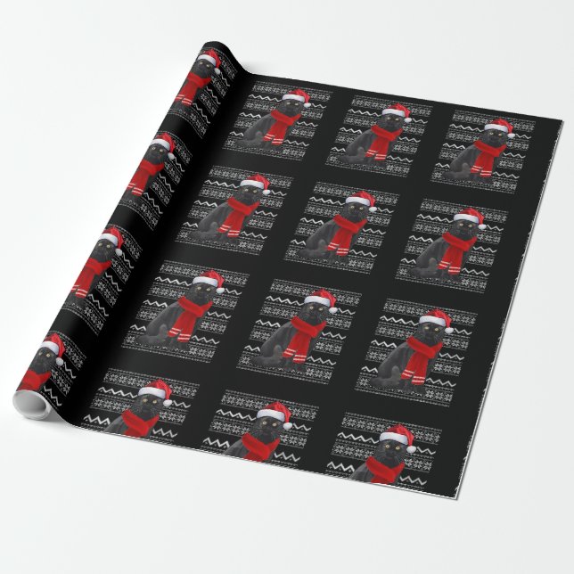 Papel De Regalo Gato negro Santa Hat UGLY Navidades Pajama Regalos (Desenrollado)
