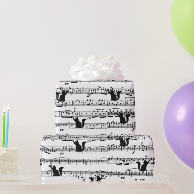 Papel De Regalo Gato negro sobre la música de hojas (Regalos de fiesta)