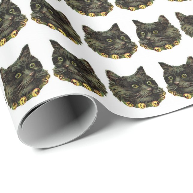 Papel De Regalo Gato negro victoriano con collar de campana (Esquina del rollo)