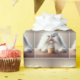 Papel De Regalo Gato persa blanco con tarta de cumpleaños