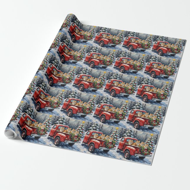 Papel De Regalo Gato Persa Camión Rojo Navidad Fiesta (Desenrollado)