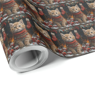 Papel De Regalo Gato Persa con Chimenea de Regalos de Navidad