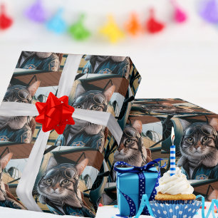 Papel De Regalo Gato piloto de cumpleaños y avión Aviación diverti