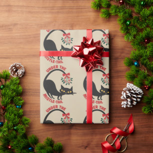 Papel De Regalo Gato Retro de Navidad Bajo el Muérdago Mediados de