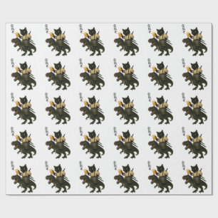 Papel De Regalo Gato Samurái con Cerveza & T-Rex   Arte Japonés Re