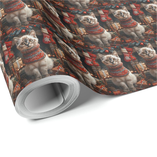 Papel De Regalo Gato Siamés Con Chimenea De Regalos Navidades (Esquina del rollo)