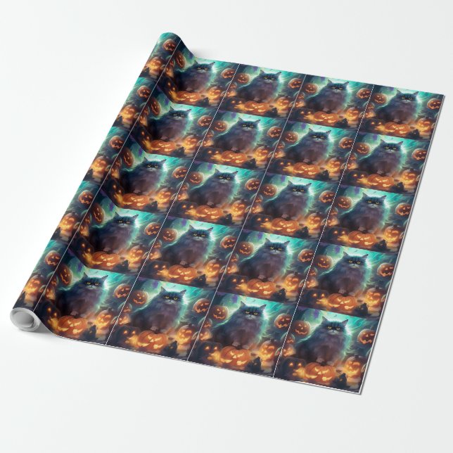 Papel De Regalo Gato siberiano de Halloween con calabazas aterrado (Desenrollado)