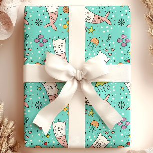 Papel De Regalo Gato Sirena Patrón Divertido de Medusas Oceánicas 