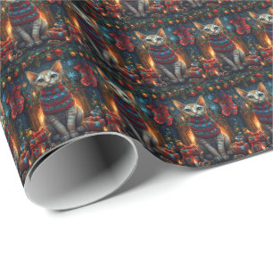Papel De Regalo Gato Sphynx con regalos de Navidad Chimenea