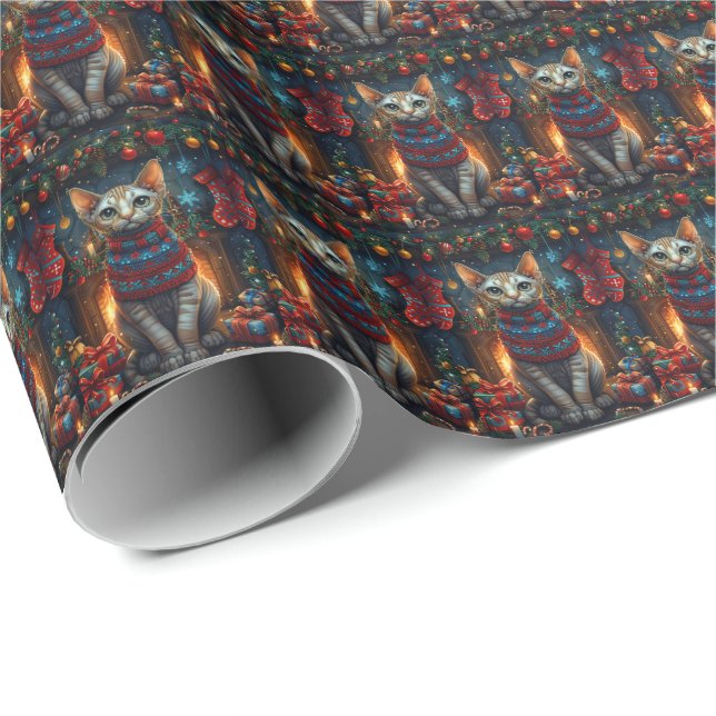 Papel De Regalo Gato Sphynx con regalos de Navidad Chimenea (Esquina del rollo)