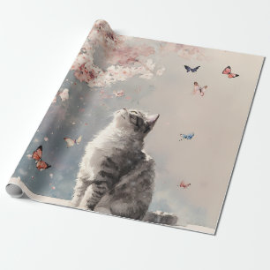Papel De Regalo Gato Tabby Gris - Flores de Cerezo y Mariposas