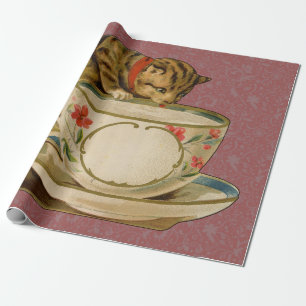 Papel De Regalo Gato Taza de Té Lindo Vintage Victoriano Mascota C