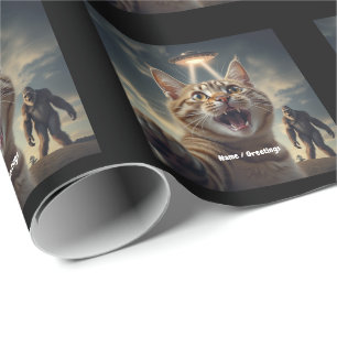 Papel De Regalo Gato tomándose selfie con OVNI y obsequio divertid
