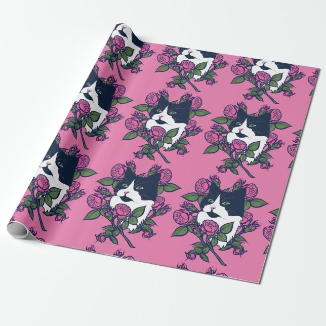 Papel De Regalo Gato Tuxedo Peony Floral Art Tuxie Gatos (Desenrollado)