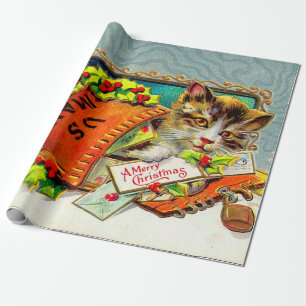 Papel De Regalo Gato vintage Feliz Navidad